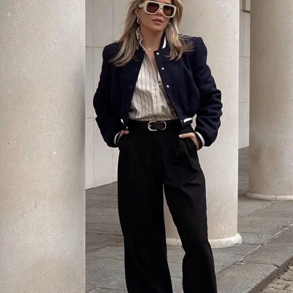 Zara Dark Blue Bomber Jacket with White Details - Picture 4 of 9